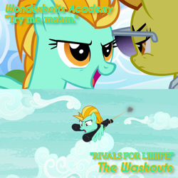 Size: 3072x3072 | Tagged: safe, edit, edited screencap, editor:itsmgh1203, screencap, lightning dust, spitfire, pegasus, pony, g4, season 3, season 8, the washouts (episode), wonderbolts academy, duo, duo female, female, frown, high res, karma, mare, open mouth, open smile, smiling, spread wings, sunglasses, text, the washouts, wings