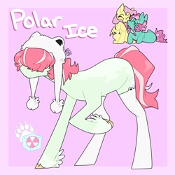 Size: 2000x2000 | Tagged: safe, artist:orionofthestars, fluttershy, minty, oc, oc:polar ice, earth pony, pegasus, pony, g3, g4, blush lines, blushing, body markings, boop, clothes, coat markings, colored hooves, dappled, eyes closed, female, g3 to g4, generation leap, generational ponidox, hair over eyes, hat, high res, lying down, magical lesbian spawn, noseboop, offspring, parent:fluttershy, parent:minty, parents:mintyshy, partially open wings, pink background, prone, raised hoof, ship:mintyshy, simple background, sitting, stockings, thigh highs, trio, unshorn fetlocks, wings