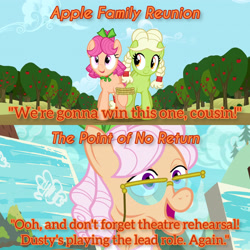Size: 3072x3072 | Tagged: safe, edit, edited screencap, editor:itsmgh1203, screencap, apple rose, granny smith, earth pony, pony, apple family reunion, g4, season 3, season 9, the point of no return, duo, duo female, female, high res, open mouth, open smile, smiling, text, young apple rose, young granny smith, younger