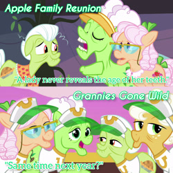 Size: 3072x3072 | Tagged: safe, edit, edited screencap, editor:itsmgh1203, screencap, apple rose, auntie applesauce, goldie delicious, granny smith, earth pony, pony, apple family reunion, g4, grannies gone wild, season 3, season 8, eyes closed, female, high res, hot air balloon, male, mare, open mouth, open smile, smiling, stallion, text, twinkling balloon