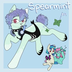 Size: 2000x2000 | Tagged: safe, artist:orionofthestars, dj pon-3, minty, vinyl scratch, oc, oc:spearmint, earth pony, pony, unicorn, g3, g4, blue background, body markings, choker, clothes, coat markings, collar, colored hooves, ear piercing, earth pony oc, facial markings, female, generational ponidox, headphones, high res, lesbian, light blue background, looking at each other, looking at someone, looking at you, lying down, magenta eyes, magical lesbian spawn, mare, minty scratch, music notes, nose piercing, nose ring, offspring, open mouth, parent:minty, parent:vinyl scratch, parents:minty scratch, piercing, pink eyes, prone, purple eyes, red eyes, simple background, sitting, smiling, socks (coat markings), spiked choker, spiked collar, tank top, trio, unshorn fetlocks