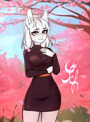 Size: 2216x3000 | Tagged: safe, artist:kutoshi, anthro, advertisement, cherry blossoms, clothes, commission, dress, female, flower, flower blossom, high res, looking at you, ych sketch, your character here