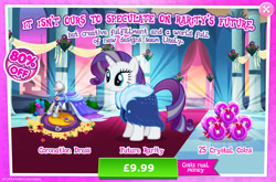 Size: 1962x1298 | Tagged: safe, gameloft, rarity, pony, unicorn, g4, my little pony: magic princess, advertisement, clothes, costs real money, dress, english, female, horn, introduction card, mannequin, mare, mobile game, numbers, older, older rarity, sale, solo, text