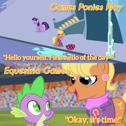 Size: 3072x3072 | Tagged: safe, edit, edited screencap, editor:itsmgh1203, screencap, ms. harshwhinny, spike, twilight sparkle, dragon, earth pony, pony, unicorn, equestria games (episode), g4, games ponies play, season 3, season 4, crystal empire, eyes closed, female, high res, mare, open mouth, open smile, puddle, smiling, text, trio, unicorn twilight
