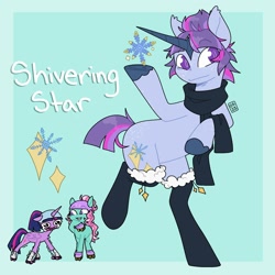 Size: 2000x2000 | Tagged: safe, artist:orionofthestars, minty, twilight sparkle, oc, oc:shivering star, alicorn, earth pony, pony, unicorn, g3, g4, blue background, body freckles, clothes, colored hooves, colored horn, crying, ear tufts, ears back, female, folded wings, freckles, g3 to g4, generation leap, generational ponidox, green background, helmet, high res, horn, leg freckles, lesbian, light blue background, magical lesbian spawn, offspring, parent:minty, parent:twilight sparkle, parents:twimint, purple eyes, raised hoof, roller skates, scared, scarf, shipping, simple background, skates, stockings, teal background, thigh highs, trio, twilight sparkle (alicorn), twimint, unicorn oc, wings