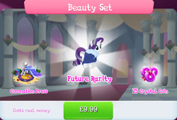 Size: 1268x858 | Tagged: safe, gameloft, rarity, pony, unicorn, g4, my little pony: magic princess, bundle, clothes, costs real money, dress, english, female, horn, mannequin, mare, mobile game, numbers, older, older rarity, sale, solo, text