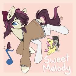 Size: 2000x2000 | Tagged: safe, artist:orionofthestars, oc, oc:sweet melody, earth pony, pegasus, pony, blue eyes, bow, clothes, colored hooves, ear piercing, earring, earth pony oc, eyes closed, female, frown, hair bow, high res, hug, jacket, jewelry, lesbian, magical lesbian spawn, mare, octashy, offspring, parent:fluttershy, parent:octavia melody, parents:octashy, partially open wings, peach background, piercing, pink background, simple background, sitting, stockings, sweater, thigh highs, trio, wings, worried
