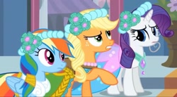 Size: 2160x1192 | Tagged: safe, screencap, applejack, rainbow dash, rarity, earth pony, pegasus, pony, unicorn, a canterlot wedding, g4, my little pony: friendship is magic, bridesmaid applejack, bridesmaid dash, bridesmaid dress, bridesmaid rarity, canterlot, canterlot castle, clothes, confused, dress, floral head wreath, flower, flower in hair, force field, looking up, raised hoof, royal wedding, wedding