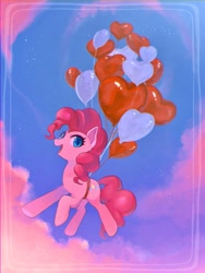 Size: 1500x2000 | Tagged: safe, artist:hosikawa, pinkie pie, earth pony, pony, g4, balloon, cloud, cute, diapinkes, female, floating, heart, heart balloon, mare, open mouth, open smile, sky, smiling, solo, then watch her balloons lift her up to the sky