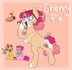 Size: 1080x1059 | Tagged: safe, artist:orionofthestars, pinkie pie, sunset shimmer, oc, oc:cherry pie, earth pony, pony, unicorn, g4, aqua eyes, baking, bandana, batter, blue eyes, body markings, bowl, earth pony oc, facial markings, female, food, heart tongue, lesbian, magic, magical lesbian spawn, mare, mixing bowl, offspring, open mouth, orange background, parent:pinkie pie, parent:sunset shimmer, parents:sunsetpie, peach background, pink background, ponytail, ship:sunsetpie, shipping, simple background, sitting, standing, standing on one leg, telekinesis, whisk