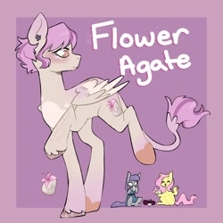 Size: 1813x1813 | Tagged: safe, artist:orionofthestars, boulder (g4), fluttershy, maud pie, oc, oc:flower agate, earth pony, pegasus, pony, g4, body markings, brown eyes, clothes, colored hooves, colored wings, colored wingtips, cup, cushion, dress, ear piercing, earring, facial markings, female, folded wings, freckles, jewelry, lavender background, leonine tail, lesbian, looking back, magical lesbian spawn, mare, maudshy, offspring, pale belly, parent:fluttershy, parent:maud pie, parents:maudshy, pegasus oc, piercing, purple background, shipping, short hair, simple background, sitting, spread wings, standing on two hooves, tail, tea party, teacup, trio, wings