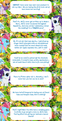Size: 2048x3960 | Tagged: safe, gameloft, carrot cake, cup cake, rarity, touring wind, earth pony, pony, unicorn, g4, my little pony: magic princess, apron, bowtie, clothes, dialogue, dialogue box, ear piercing, earring, english, event, female, glasses, hat, high res, horn, implied ginger gold, jewelry, male, mare, mobile game, piercing, scarf, speech bubble, stallion, text