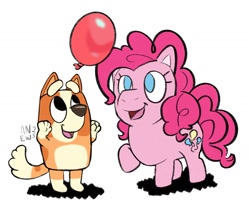 Size: 1638x1390 | Tagged: safe, artist:amynewblue, pinkie pie, dog, earth pony, pony, semi-anthro, g4, australian cattle dog, balloon, bingo heeler, bluey, crossover, cute, diapinkes, happy, keepy uppy, open mouth, playing, simple background, that pony sure does love balloons, white background