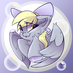 Size: 1500x1500 | Tagged: safe, artist:starcasteclipse, derpy hooves, pegasus, pony, g4, bow, bubble, cheek fluff, ear fluff, eye clipping through hair, female, hair bow, mare, open mouth, open smile, smiling, solo