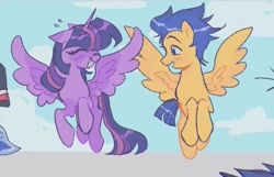 Size: 1061x682 | Tagged: safe, artist:dulcesilly, flash sentry, twilight sparkle, alicorn, pegasus, pony, g4, duo, duo male and female, female, flying, male, mare, ship:flashlight, shipping, smiling, stallion, straight, twilight sparkle (alicorn)