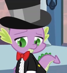 Size: 1494x1620 | Tagged: safe, screencap, spike, dragon, a canterlot wedding, g4, ashamed, bowtie, canterlot, canterlot castle, clothes, conflict, cropped, disappointed, disappointment, feeling down, force field, hat, ring bearer, royal wedding, ruffled shirt, solo, spike's first bow tie, suit, tailcoat, top hat, tuxedo, wedding