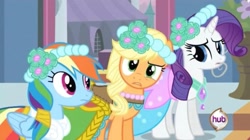 Size: 2160x1206 | Tagged: safe, screencap, applejack, rainbow dash, rarity, earth pony, pegasus, pony, unicorn, a canterlot wedding, g4, bridesmaid, bridesmaid applejack, bridesmaid dash, bridesmaid dress, bridesmaid rarity, canterlot, canterlot castle, clothes, confused, confusion, dress, floral head wreath, flower, flower in hair, force field, royal wedding, wedding