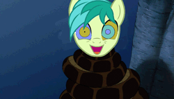 Size: 1181x677 | Tagged: safe, artist:ocean lover, edit, edited screencap, screencap, sandbar, earth pony, pony, g4, animated, coils, disney, forest, gif, happy, hypno eyes, hypnosis, hypnotized, kaa, kaa eyes, looking at you, male, night, open mouth, open smile, smiling, squeeze, stallion, teenager, the jungle book, tree, wrapped up