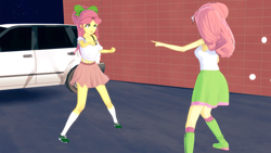 Size: 1920x1080 | Tagged: safe, artist:phoenixflambe, fluttershy, posey bloom, human, equestria girls, g4, g5, 3d, car, clothes, crossover, duo, duo female, duo male, equestria girls-ified, female, g5 to equestria girls, generation leap, generational ponidox, koikatsu, male, marvel, meme, pointing, shoes, skirt, socks, spider-man, spider-man points at spider-man