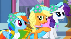 Size: 2160x1192 | Tagged: safe, screencap, applejack, rainbow dash, rarity, earth pony, pegasus, pony, unicorn, g4, bridesmaid, bridesmaid applejack, bridesmaid dash, bridesmaid dress, bridesmaid rarity, canterlot, canterlot castle, clothes, confused, confusion, dress, floral head wreath, flower, flower in hair, force field, raised hoof, royal wedding, wedding