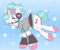 Size: 864x726 | Tagged: safe, artist:ponypairproductions, oc, oc only, pony, unicorn, clothes, cosplay, costume, hatsune miku, headset, horn, necktie, singing, skirt, unicorn oc, vocaloid