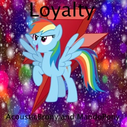 Size: 900x900 | Tagged: safe, artist:mandopony, artist:user15432, part of a set, rainbow dash, pegasus, pony, g4, bokeh, element of loyalty, gradient background, loyalty, open mouth, open smile, rainbow background, raised hoof, smiling, solo, sparkles, sparkly background