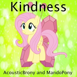 Size: 900x900 | Tagged: safe, artist:mandopony, artist:user15432, part of a set, fluttershy, pegasus, pony, g4, album, album cover, bokeh, element of kindness, gradient background, green background, kindness, simple background, smiling, solo, sparkles, sparkly background