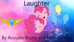 Size: 1920x1080 | Tagged: safe, artist:mandopony, artist:user15432, part of a set, pinkie pie, earth pony, pony, g4, bokeh, element of laughter, eyes closed, gradient background, laughing, open mouth, smiling, solo, sparkly background