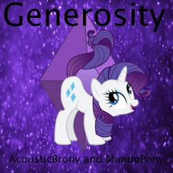 Size: 900x900 | Tagged: safe, artist:mandopony, artist:user15432, part of a set, rarity, pony, unicorn, g4, album, album cover, bokeh, element of generosity, generosity, gradient background, open mouth, purple background, simple background, smiling, solo, sparkly background, tail, tail whip