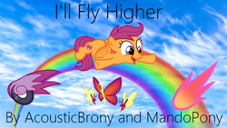 Size: 1920x1080 | Tagged: safe, artist:mandopony, artist:user15432, scootaloo, pegasus, pony, g4, blue sky, cloud, female, filly, flapping wings, flying, foal, i'll fly higher, open mouth, rainbow, sky, smiling, solo, wings