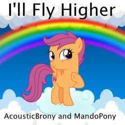 Size: 900x900 | Tagged: safe, artist:mandopony, artist:user15432, scootaloo, pegasus, pony, g4, album, album cover, blue sky, cloud, female, filly, foal, i'll fly higher, looking up, rainbow, sky, smiling, solo