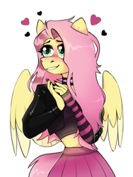 Size: 1620x2160 | Tagged: safe, artist:rtootb, fluttershy, pegasus, anthro, dtiys emoflat, g4, black coat, black nail polish, blushing, choker, chokershy, clothes, collar, draw this in your style, female, fingerless elbow gloves, fingerless gloves, floating heart, gloves, heart, jacket, leather, leather jacket, long gloves, looking offscreen, looking up, mare, midriff, nail polish, pink skirt, simple background, smiling, solo, spiked choker, spread wings, striped gloves, white background, wings