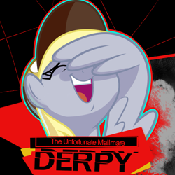 Size: 1305x1305 | Tagged: safe, artist:hitsuji, edit, vector edit, derpy hooves, pegasus, pony, g4, facewing, hat, persona, persona 4, solo, vector