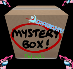 Size: 3888x3688 | Tagged: safe, artist:miky94c, derpibooru exclusive, pinkie pie, derpibooru, g4, among us, black background, cardboard box, high res, logo, meta, mystery box, simple background, wat