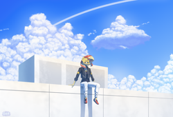 Size: 3294x2240 | Tagged: safe, artist:suhar, sunset shimmer, unicorn, anthro, g4, building, clothes, cloud, cloudscape, female, high res, jacket, lidded eyes, mare, mirror's edge, pants, shoes, sitting, sky, solo