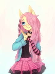 Size: 1588x2160 | Tagged: safe, artist:miurimau, fluttershy, anthro, dtiys emoflat, g4, abstract background, blushing, choker, clothes, cute, draw this in your style, evening gloves, female, fingerless elbow gloves, fingerless gloves, gloves, gradient background, hair over one eye, hoodie, long gloves, skirt, solo, spiked choker, striped gloves, sweater, that was fast