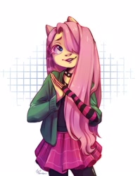 Size: 1722x2160 | Tagged: safe, artist:dinoks paradoks, fluttershy, anthro, dtiys emoflat, g4, checkered background, choker, clothes, cute, draw this in your style, evening gloves, female, fingerless elbow gloves, fingerless gloves, gloves, hair over one eye, hoodie, long gloves, signature, simple background, skirt, solo, spiked choker, striped gloves, sweater, white background