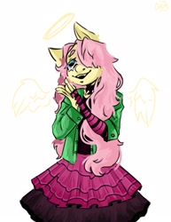 Size: 1668x2160 | Tagged: safe, artist:dednedead, fluttershy, anthro, dtiys emoflat, g4, blushing, choker, clothes, cute, draw this in your style, evening gloves, female, fingerless elbow gloves, fingerless gloves, floating wings, gloves, hair over one eye, halo, hoodie, long gloves, signature, simple background, skirt, solo, spiked choker, striped gloves, sweater, white background, wings
