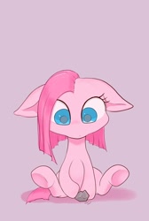 Size: 1376x2048 | Tagged: safe, artist:noupu, pinkie pie, earth pony, pony, g4, colored pupils, cute, diapinkes, female, filly, filly pinkie pie, floppy ears, pinkamena diane pie, purple background, rock, simple background, sitting, solo, younger