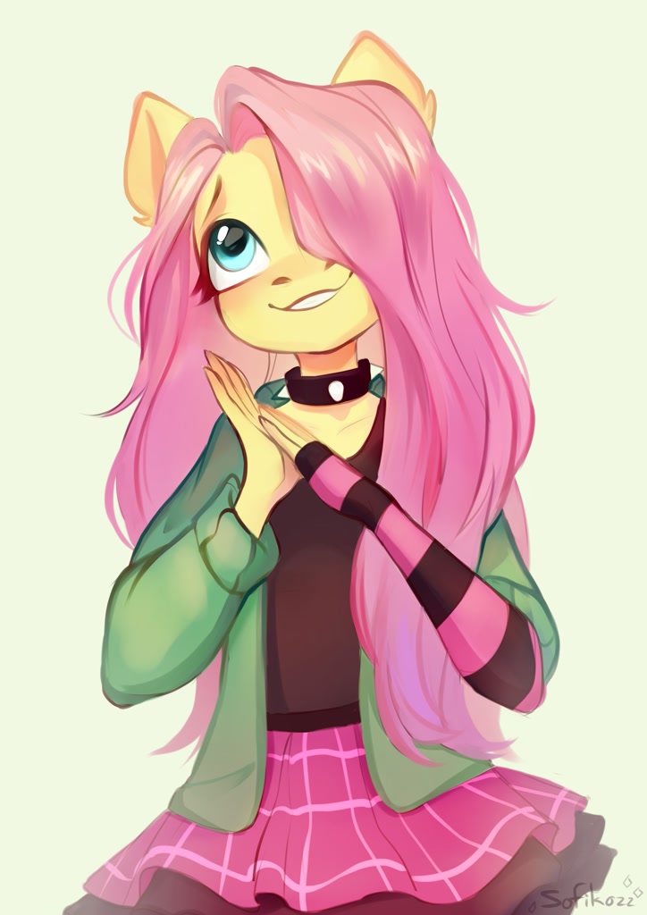 [anthro,blushing,choker,clothes,cute,fingerless gloves,fluttershy,gloves,hoodie,safe,signature,simple background,skirt,solo,sweater,evening gloves,fingerless elbow gloves,hair over one eye,long gloves,spiked choker,striped gloves,artist:sofiko-ko,dtiys,draw this in your style,dtiys emoflat]
