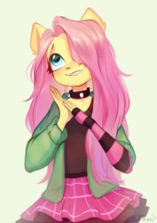 Size: 1527x2160 | Tagged: safe, artist:sofiko-ko, fluttershy, anthro, dtiys emoflat, g4, blushing, choker, clothes, cute, draw this in your style, evening gloves, female, fingerless elbow gloves, fingerless gloves, gloves, hair over one eye, hoodie, long gloves, shyabetes, signature, simple background, skirt, solo, spiked choker, striped gloves, sweater