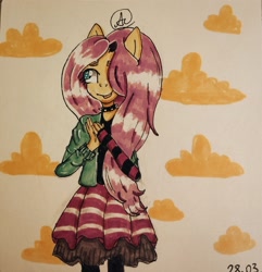 Size: 1848x1920 | Tagged: safe, artist:убежище мандаринок, fluttershy, anthro, dtiys emoflat, g4, abstract background, blushing, choker, clothes, cloud, cute, draw this in your style, evening gloves, female, fingerless elbow gloves, fingerless gloves, gloves, hair over one eye, hoodie, long gloves, signature, skirt, solo, spiked choker, striped gloves, sweater, traditional art