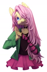 Size: 1284x1988 | Tagged: safe, artist:1nka, fluttershy, anthro, dtiys emoflat, g4, choker, chokershy, clothes, cute, draw this in your style, evening gloves, female, fingerless elbow gloves, fingerless gloves, gloves, hair over one eye, hoodie, long gloves, signature, simple background, skirt, solo, spiked choker, striped gloves, sweater, white background