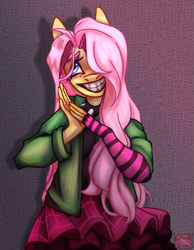 Size: 1047x1350 | Tagged: safe, artist:ghosti, fluttershy, anthro, dtiys emoflat, g4, abstract background, awkward smile, choker, clothes, creepy, creepy smile, draw this in your style, evening gloves, female, fingerless elbow gloves, fingerless gloves, gloves, hair over one eye, hoodie, long gloves, shadow, signature, simple background, skirt, smiling, solo, spiked choker, striped gloves, sweater