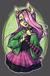 Size: 1443x2160 | Tagged: safe, artist:gigisarts, fluttershy, anthro, dtiys emoflat, g4, abstract background, bracelet, choker, circle background, clothes, cute, draw this in your style, ear piercing, earring, evening gloves, female, fingerless elbow gloves, fingerless gloves, gloves, hair over one eye, hoodie, jewelry, long gloves, open mouth, piercing, ring, signature, simple background, skirt, solo, spiked choker, striped gloves, sweater