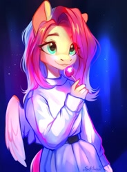 Size: 884x1200 | Tagged: safe, artist:sofiko-ko, fluttershy, anthro, g4, candy, clothes, draw this in your style, evening, female, food, holding, lollipop, looking away, open mouth, outdoors, pants, pullover, smiling, solo, standing, three quarter view, winged anthro, wings