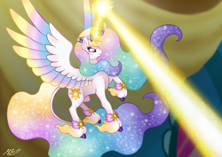 Size: 7016x4961 | Tagged: safe, artist:mesuyoru, princess celestia, alicorn, pony, a canterlot wedding, g4, action pose, cloven hooves, colored wings, female, floral head wreath, flower, flowing mane, glowing, glowing horn, gradient mane, gradient wings, horn, jewelry, leonine tail, magic, magic aura, mare, screenshot redraw, solo, tail, unshorn fetlocks, wings