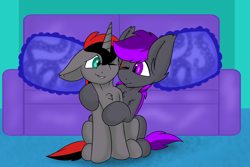 Size: 6000x4000 | Tagged: safe, artist:noblebrony317, oc, oc:moonlight thunder, oc:shadow blade, bat pony, pony, unicorn, bat pony oc, couch, horn, hug, looking at each other, looking at someone, one eye closed, pillow, sitting, snuggling, unicorn oc