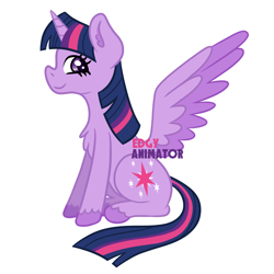 Size: 2000x2000 | Tagged: safe, artist:edgyanimator, twilight sparkle, alicorn, pony, g4, chest fluff, colored wings, cute, ear fluff, female, high res, horn, looking at you, mare, multicolored hair, profile, purple coat, simple, simple background, sitting, smiling, smiling at you, solo, spread wings, tail, twiabetes, twilight sparkle (alicorn), unshorn fetlocks, white background, wings