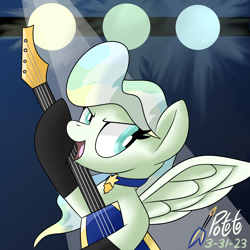 Size: 2500x2500 | Tagged: safe, artist:notadeliciouspotato, vapor trail, pegasus, pony, g4, clothes, collar, electric guitar, female, guitar, high res, mare, musical instrument, open mouth, open smile, signature, smiling, solo, spotlight, spread wings, stockings, thigh highs, wings